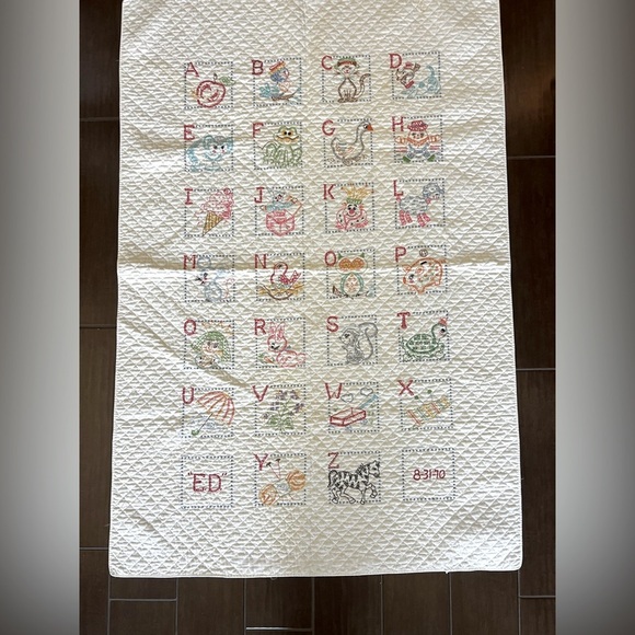 Vintage Cross-Stitch Alphabet Baby Quilt – 1970 – 38” x 56 - Picture 1 of 13